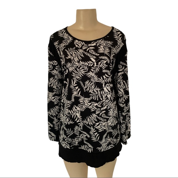 NWT Model France Canada PLUS 3X Leaf Floral Black LS Scoop Neck Stretch Blouse - Picture 2 of 8